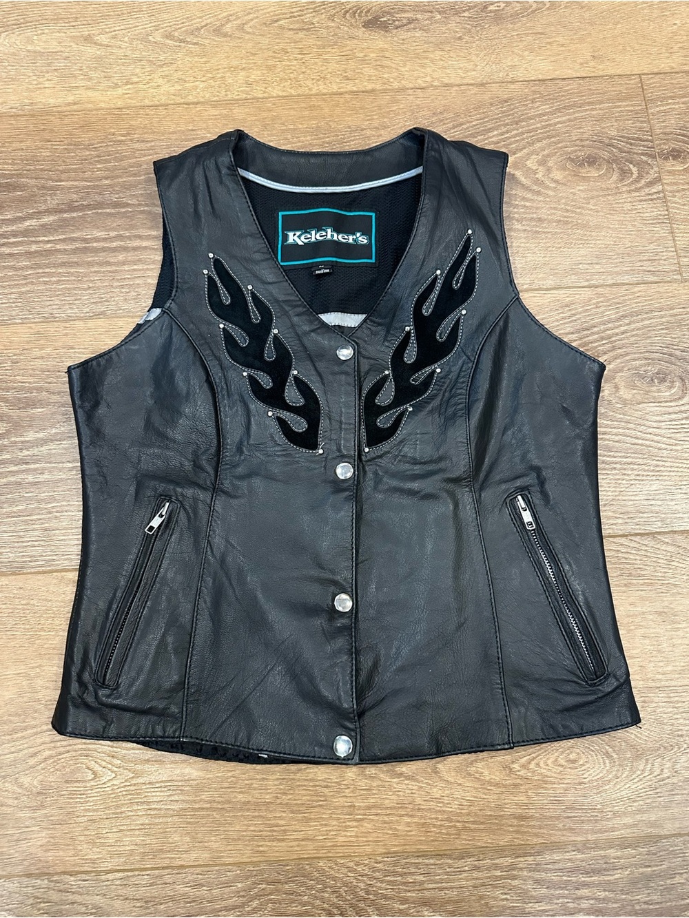 Keleher's Black Leather Studded Flame Vest M Bikercore